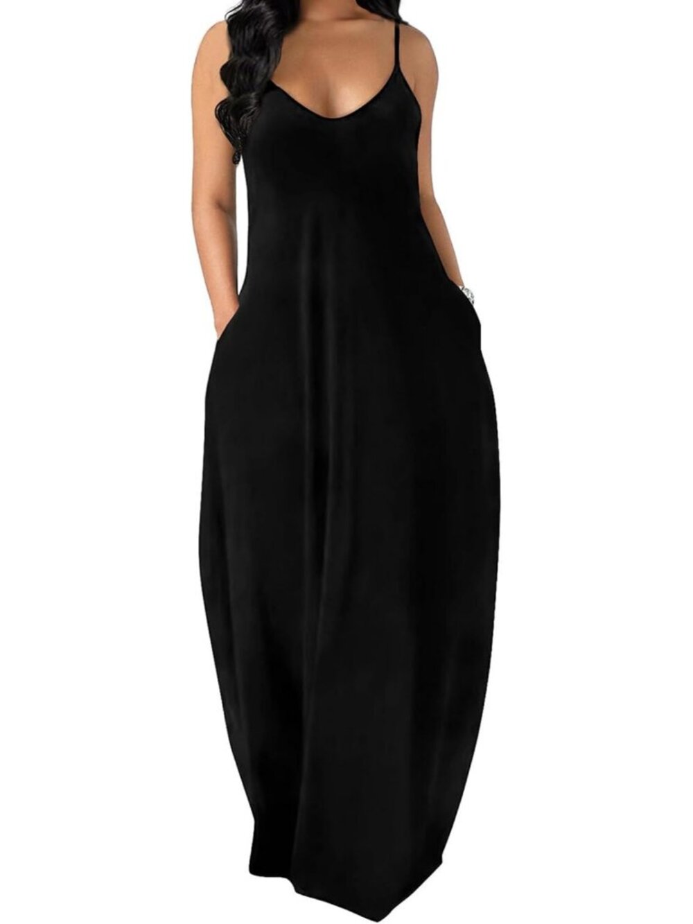 Versatile Women's Adjustable Spaghetti Strap Maxi Dress with Convenient Pockets